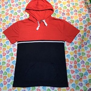 True Rock Men’s Red Navy Blue Hoodie Short Sleeve White Stripe on Chest